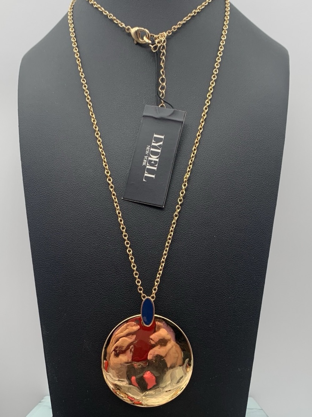 NWT Lydell NYC Gold-Tone Round Pendant Necklace with Blue Accent 32-34”